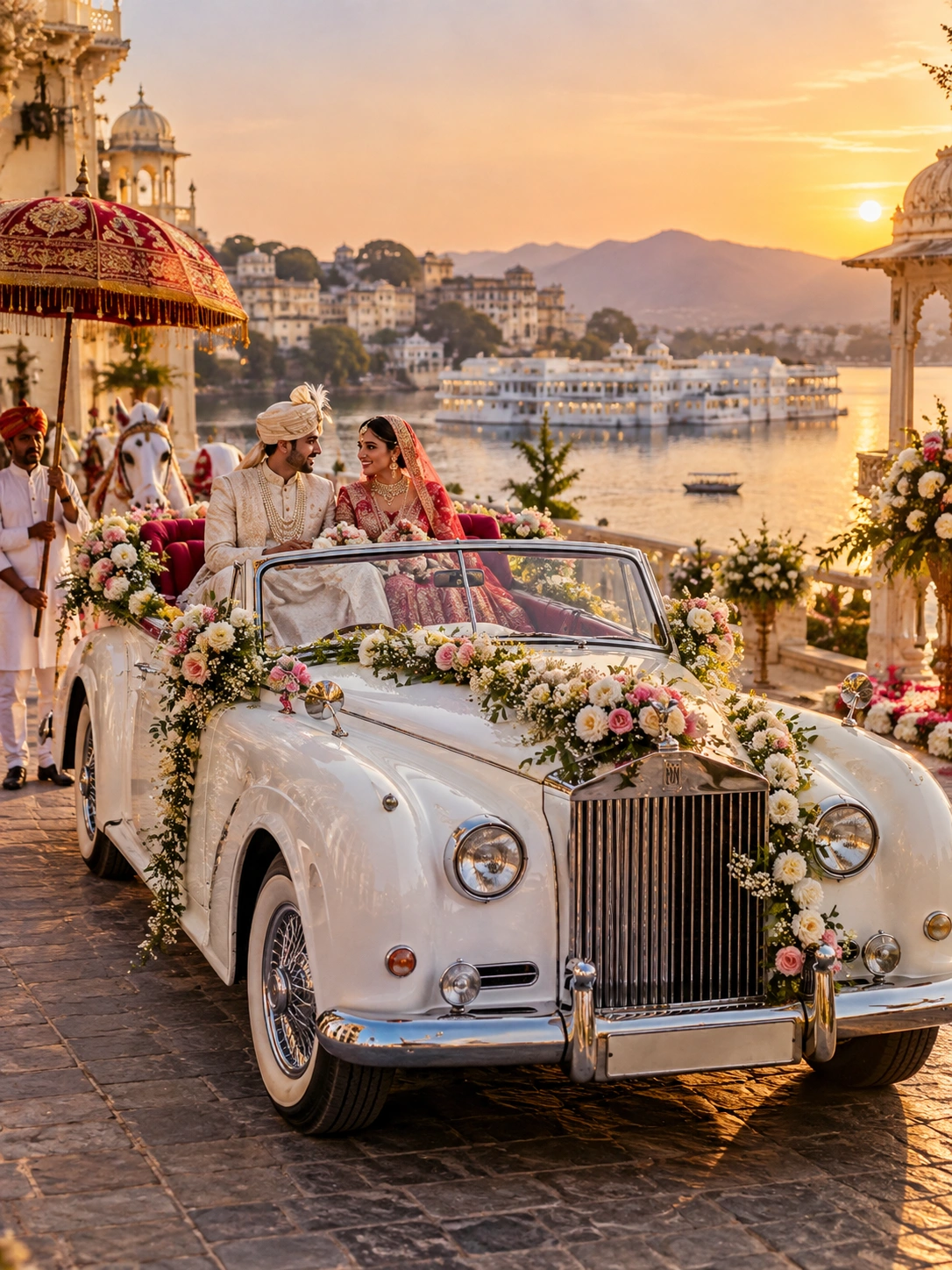 Bride and groom wedding car in Udaipur